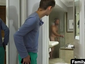 Young sexy stepson is in total awe of his beefy stepdad as he enters the house after his morning run