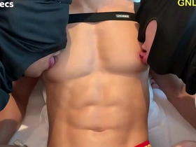 Amazing fit six pack and big pecs asian guy nipple played and sucked